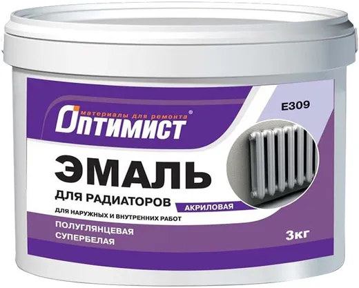 Оптимист E 309 эмаль полуглянцевая акриловая для радиаторов супербелая Оптимист E 309 эмаль полуглянцевая акриловая для радиаторов супербелая