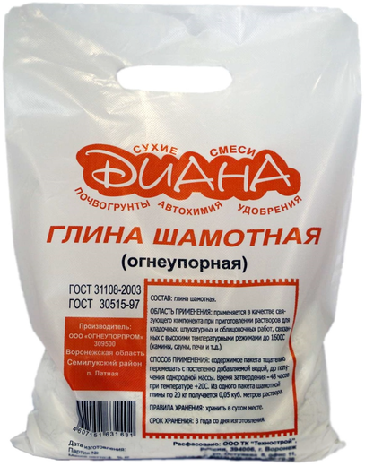 Диана глина шамотная огнеупорная Диана глина шамотная огнеупорная